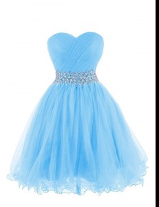 Eye-catching Belt Prom Dresses Baby Blue Lace Up Sleeveless Mini Length