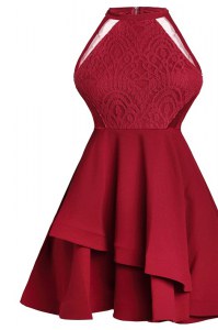 High Quality Ruffled A-line Prom Dresses Wine Red High-neck Chiffon Sleeveless Knee Length Zipper
