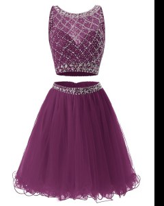 Unique Purple A-line Tulle Sweetheart Sleeveless Beading and Belt Mini Length Side Zipper Prom Gown