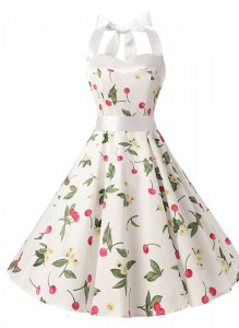 Top Selling White A-line Chiffon Halter Top Sleeveless Sashes ribbons and Pattern Knee Length Zipper Prom Party Dress