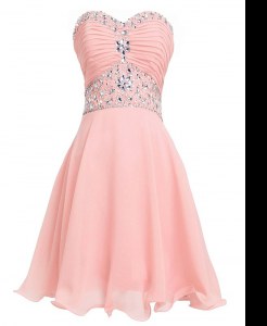 Vintage Pink Empire Organza Sweetheart Sleeveless Beading and Belt Mini Length Lace Up Prom Dresses