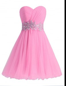 Rose Pink A-line Sweetheart Sleeveless Chiffon Knee Length Lace Up Beading and Ruching Prom Evening Gown