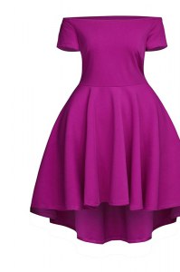 Affordable Ruching Prom Party Dress Fuchsia Side Zipper Short Sleeves Tea Length
