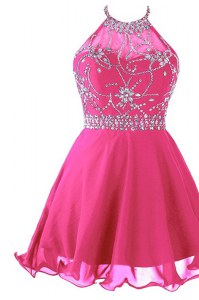 Halter Top Mini Length Hot Pink Homecoming Dress Organza Sleeveless Beading