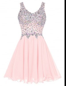 Customized Baby Pink A-line Beading Dress for Prom Zipper Chiffon Sleeveless Knee Length