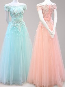 Best Selling Tulle Off The Shoulder Cap Sleeves Zipper Beading and Appliques Prom Party Dress in Light Blue and Peach