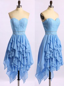 Fashion Blue Evening Dress Prom and Party and For with Beading and Ruffles Sweetheart Sleeveless Zipper