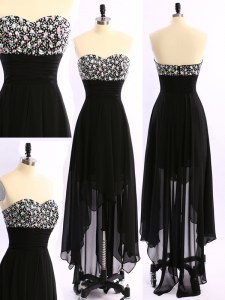 Beautiful Black Chiffon Zipper Prom Dress Sleeveless Asymmetrical Beading