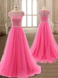 Gorgeous Scoop Cap Sleeves Tulle Brush Train Zipper in Rose Pink with Beading