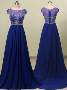 Amazing Scoop Royal Blue Cap Sleeves Chiffon Brush Train Zipper Prom Evening Gown for Prom and Party