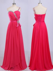 One Shoulder Hot Pink Sleeveless Floor Length Beading and Belt Zipper