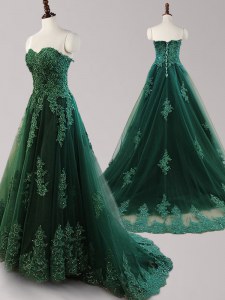 Dark Green Sweetheart Lace Up Beading and Appliques Prom Dress Brush Train Sleeveless