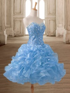 Fancy Blue Sleeveless Beading and Ruffles Mini Length Evening Dress