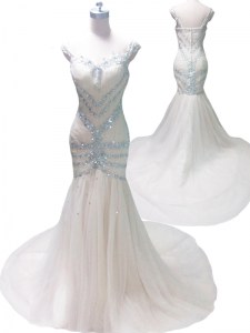 Inexpensive Mermaid Straps Tulle Sleeveless With Train Evening Gowns Court Train and Beading