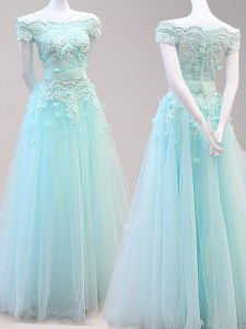 Light Blue A-line Tulle Off The Shoulder Cap Sleeves Beading and Appliques Floor Length Zipper Prom Dresses