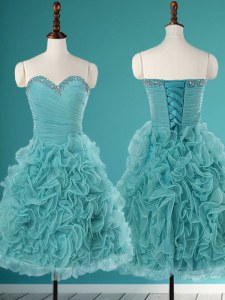 Great Turquoise Sleeveless Mini Length Beading and Ruffles Lace Up Prom Party Dress