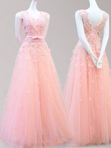 Glamorous Sleeveless Floor Length Appliques and Bowknot Lace Up Evening Dress with Baby Pink