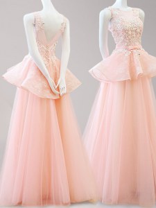 Dramatic Scoop Peach Tulle Backless Prom Dress Sleeveless Floor Length Appliques and Belt