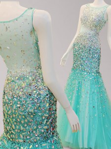 Affordable Mermaid Scoop Side Zipper Homecoming Dress Turquoise for Prom with Beading Brush Train