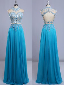 Chiffon High-neck Cap Sleeves Backless Beading and Lace Prom Evening Gown in Baby Blue