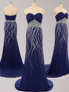 Eye-catching Zipper Evening Party Dresses Navy Blue for Prom with Beading Brush Train
