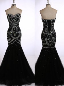 Suitable Mermaid Black Zipper Prom Party Dress Beading Sleeveless Brush Train