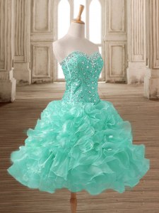 Delicate Apple Green Sleeveless Beading and Ruffles Tea Length Dress for Prom
