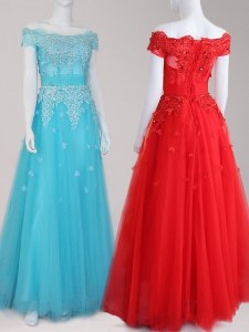 Off The Shoulder Cap Sleeves Prom Evening Gown Floor Length Beading and Appliques Aqua Blue Tulle