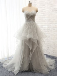 Nice Grey Homecoming Dress Prom and For with Beading and Ruffles Sweetheart Sleeveless Court Train Lace Up