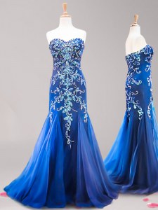 Best Selling Mermaid Royal Blue Tulle Zipper Evening Dress Sleeveless Brush Train Beading and Appliques