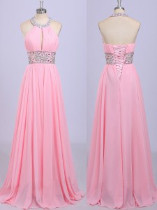 Traditional Chiffon Halter Top Sleeveless Zipper Beading and Belt Prom Party Dress in Rose Pink