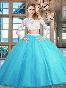 Latest Baby Blue Scoop Neckline Beading and Lace 15th Birthday Dress Long Sleeves Zipper