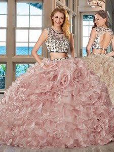 Scoop With Train Two Pieces Cap Sleeves Pink Vestidos de Quinceanera Brush Train Backless