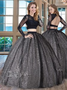 Latest Scoop Appliques 15th Birthday Dress Black Backless Long Sleeves Floor Length