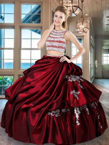 Unique Scoop Wine Red Taffeta Backless Sweet 16 Dress Sleeveless Floor Length Beading and Appliques and Pick Ups