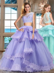 Luxury Lavender Two Pieces Lace and Appliques and Ruffled Layers Sweet 16 Dresses Zipper Tulle Cap Sleeves Floor Length