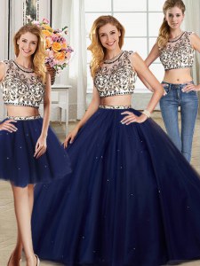 Fantastic Three Piece Scoop Beading Quinceanera Gown Navy Blue Backless Cap Sleeves With Brush Train