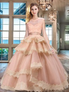 Customized Scoop Peach Cap Sleeves Floor Length Beading and Lace and Appliques and Ruffled Layers Zipper Vestidos de Quinceanera