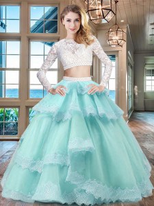 High Quality Tulle and Lace Scoop Long Sleeves Zipper Beading and Lace and Ruffled Layers 15th Birthday Dress in Aqua Blue