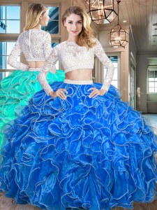 Scoop Organza Long Sleeves Floor Length Vestidos de Quinceanera and Beading and Lace and Ruffles