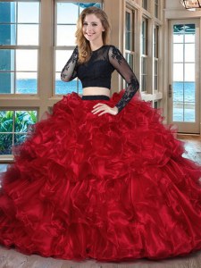 Flare Scoop Backless Floor Length Black and Red Quince Ball Gowns Organza Long Sleeves Ruffles