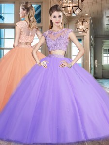 Scoop Lavender Cap Sleeves Tulle Zipper Quinceanera Dress for Military Ball and Sweet 16 and Quinceanera