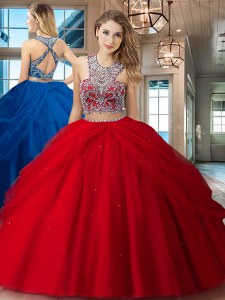 Scoop Criss Cross Red Sleeveless Beading and Pick Ups Floor Length Ball Gown Prom Dress