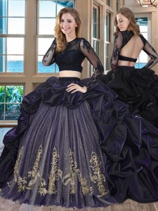 Cute Scoop Long Sleeves Brush Train Embroidery and Pick Ups Backless 15 Quinceanera Dress