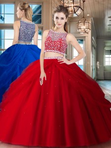 Modest Red 15th Birthday Dress Military Ball and Sweet 16 and Quinceanera and For with Beading and Pick Ups Bateau Sleeveless Side Zipper