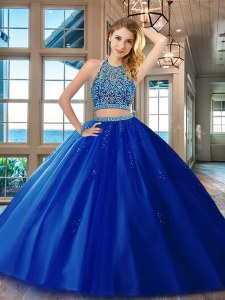Glamorous Royal Blue Two Pieces Tulle Scoop Sleeveless Beading Floor Length Backless Quince Ball Gowns