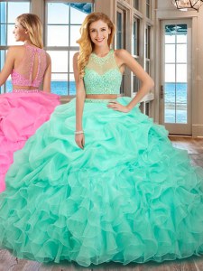On Sale Apple Green High-neck Neckline Beading and Ruffles Ball Gown Prom Dress Sleeveless Lace Up