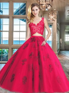 Red Two Pieces Lace and Appliques Vestidos de Quinceanera Zipper Tulle Sleeveless Floor Length