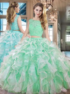 Floor Length Two Pieces Sleeveless Apple Green Ball Gown Prom Dress Lace Up