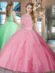 Graceful Rose Pink Two Pieces Tulle Bateau Sleeveless Lace and Ruffles With Train Lace Up Quince Ball Gowns Brush Train